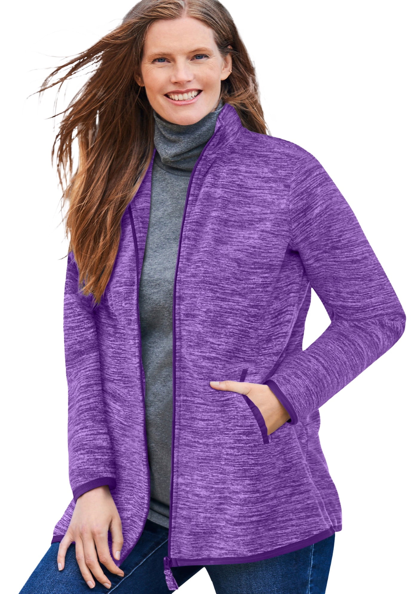 Woman Within Plus Size ZipFront Microfleece Jacket Long Oversized
