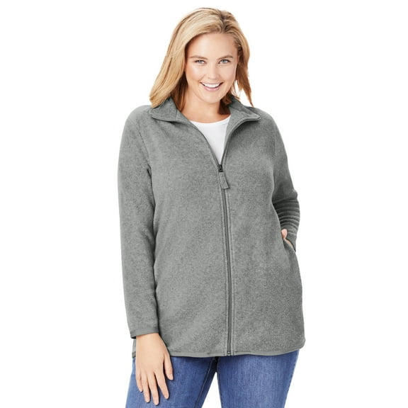 Woman Within Plus Size Zip-Front Microfleece Jacket Long Oversized Fleece