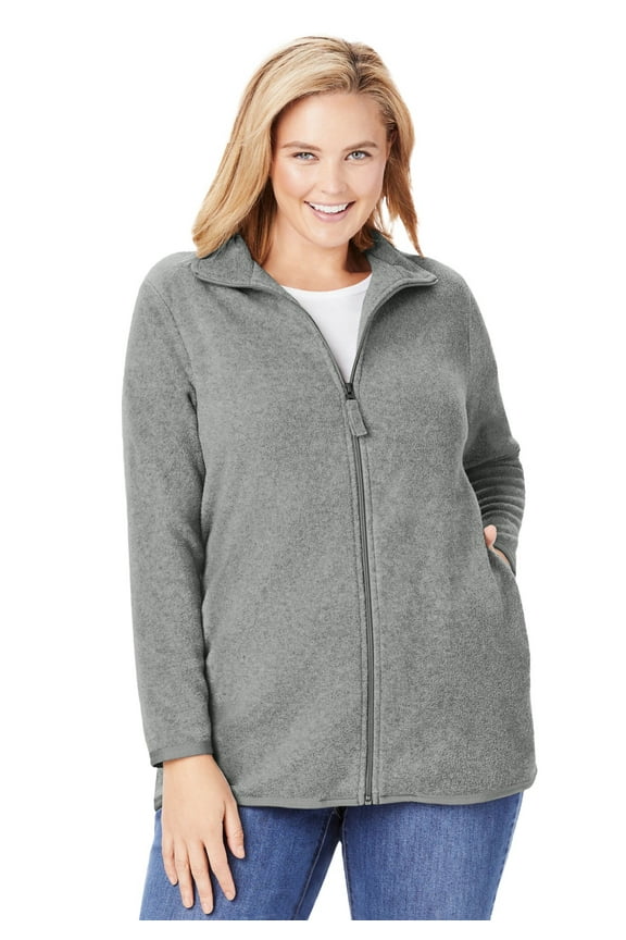 Plus Size Zip-Front Microfleece Jacket Long Oversized Fleece