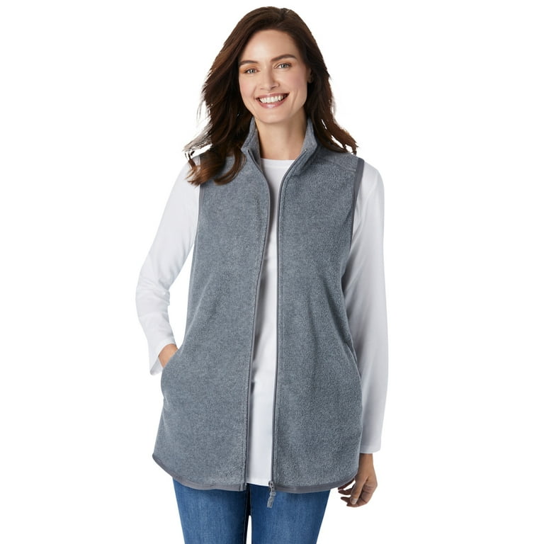Woman Within Plus Size Zip Front Microfleece Vest Long Fleece Vest 2X Medium Heather Grey Gray