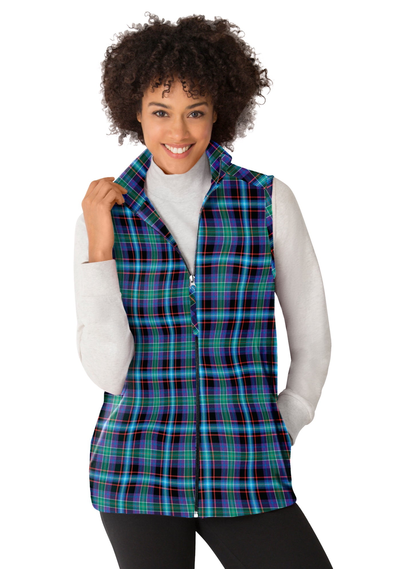 Woman Within Plus Size Zip-Front Microfleece Vest Long Fleece Vest - M,  Blue Plaid 