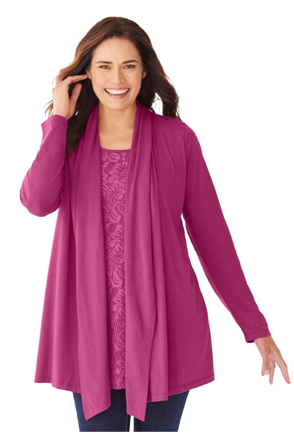 Plus Size 2-Fer Cardigan & Attached Lace Tunic