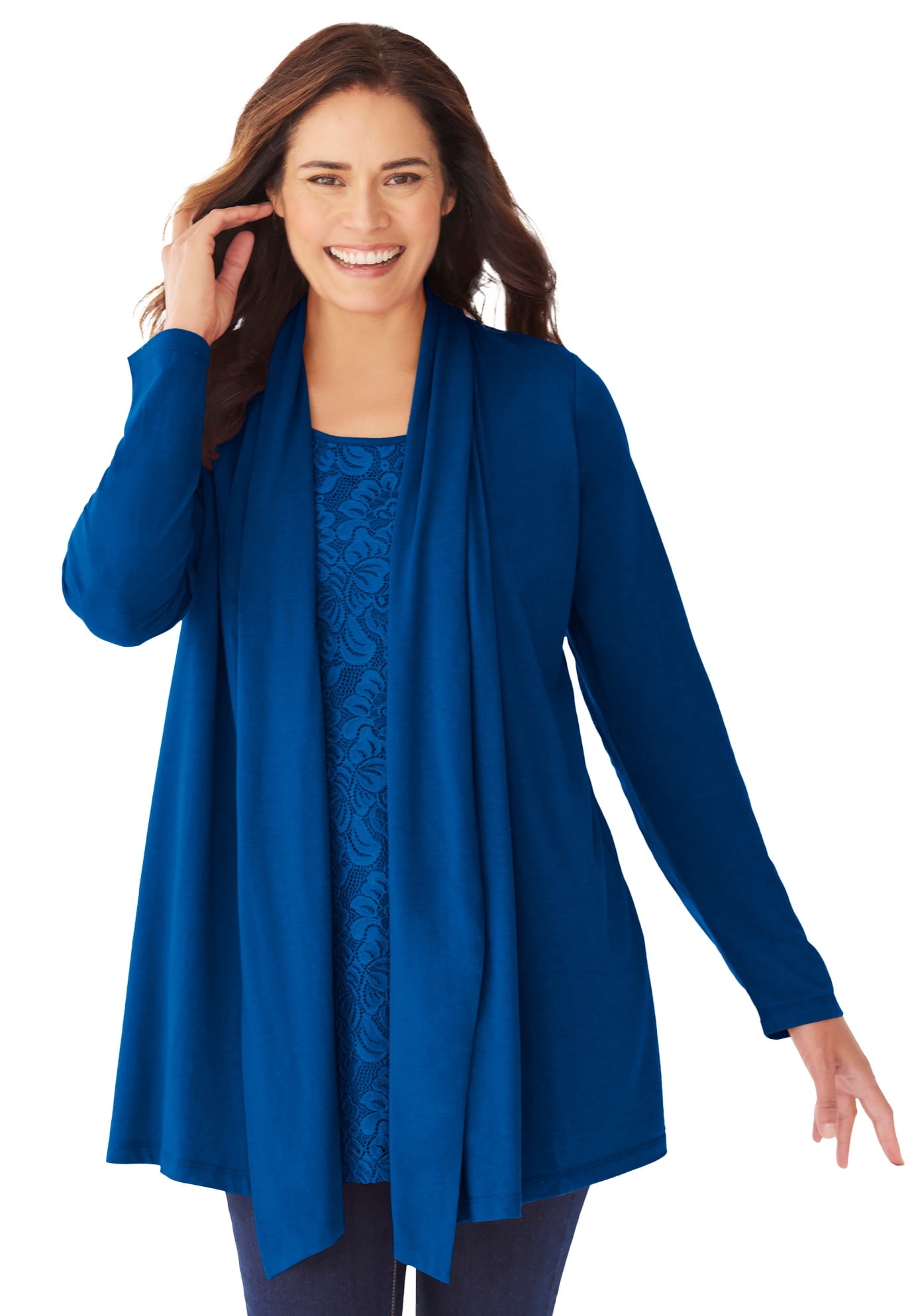 Plus Size 2-Fer Cardigan & Attached Lace Tunic