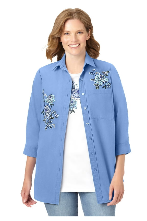 Plus Size 2-Piece Embroidered Poplin Tunic And Tee Set