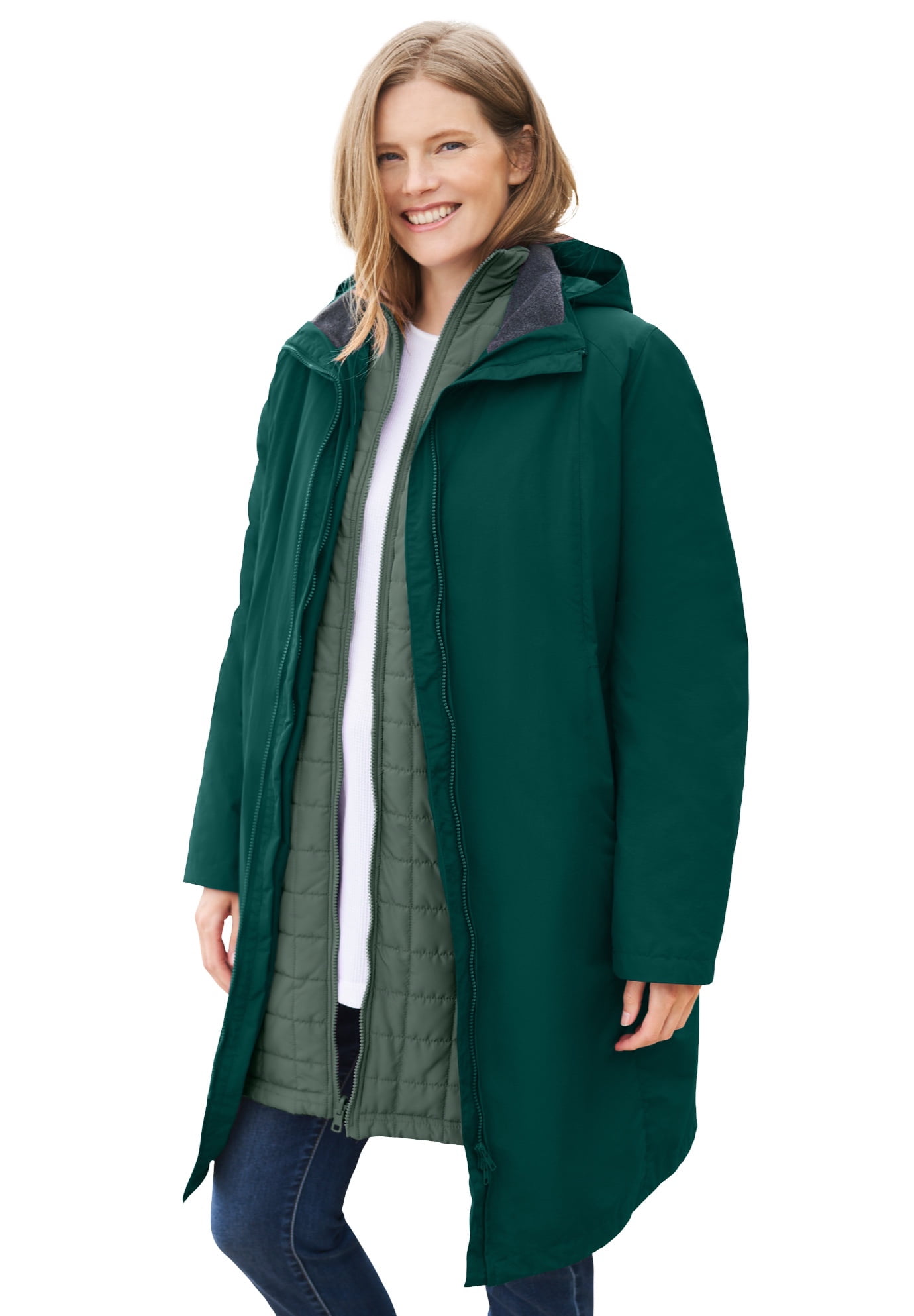 Woman Within Women's Plus Size 3-In-1 Hooded Taslon Jacket Jacket