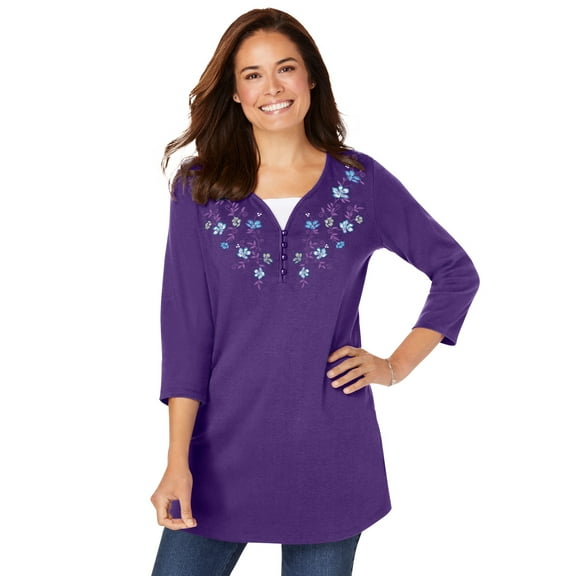 Woman Within Plus Size 7-Day Layered-Look Embroidered Henley Tunic
