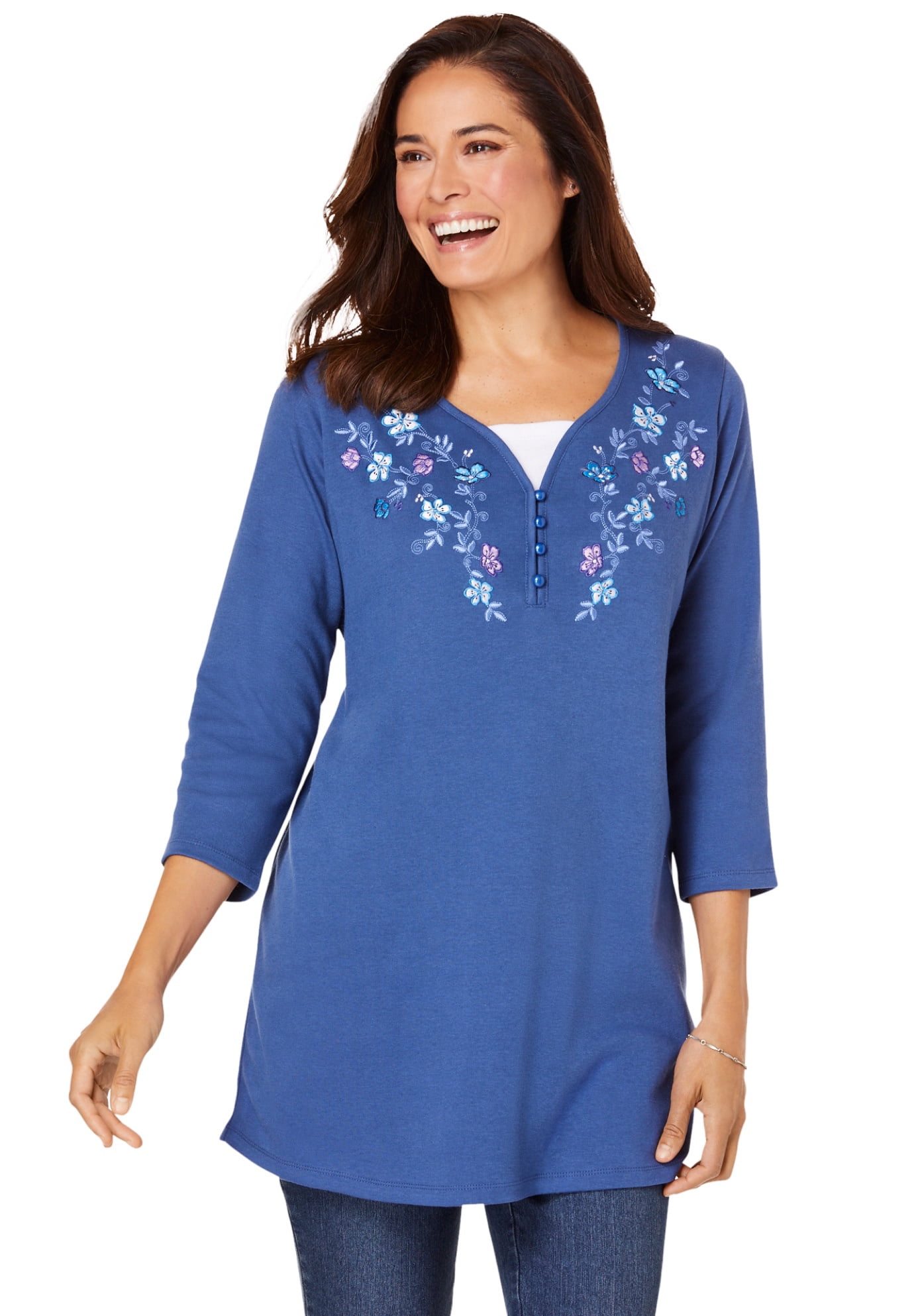 Woman Within Women's Plus Size 7Day LayeredLook Embroidered Henley