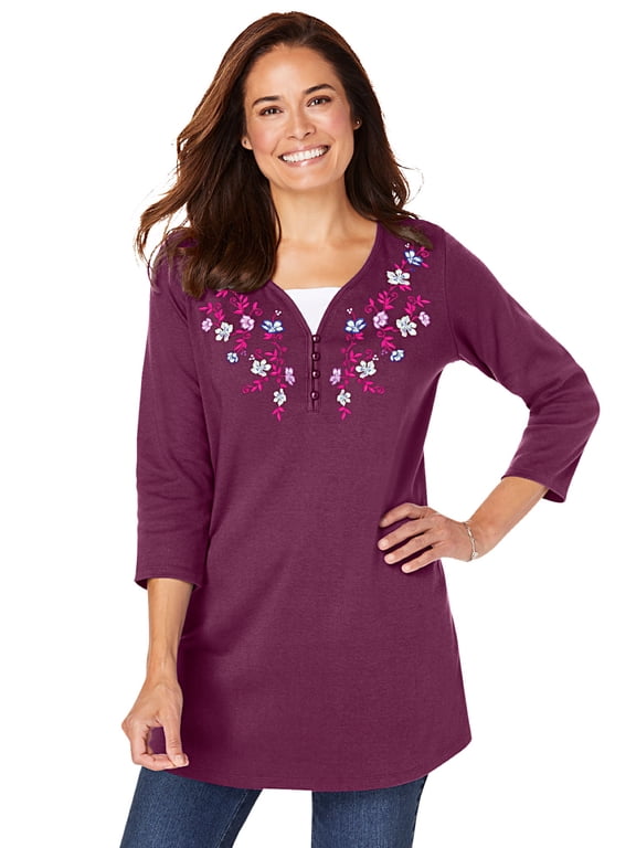 Plus Size 7-Day Layered-Look Embroidered Henley Tunic