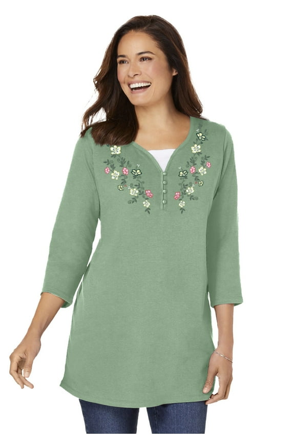 Plus Size 7-Day Layered-Look Embroidered Henley Tunic
