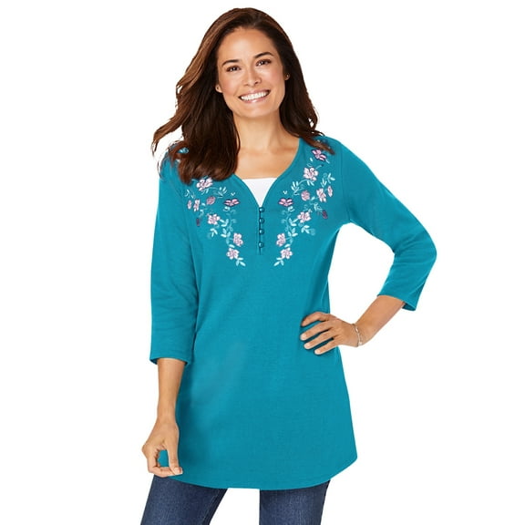 Woman Within Plus Size 7-Day Layered-Look Embroidered Henley Tunic