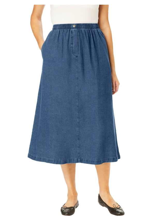 Plus Size 7-Day Elastic-Waist All-Cotton Pull-On Denim Jeans Skirt