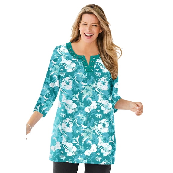 Woman Within Plus Size 7-Day Three-Quarter Sleeve Grommet Notch Tunic