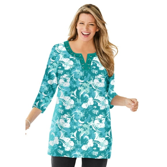 Woman Within Plus Size 7-Day Three-Quarter Sleeve Grommet Notch Tunic