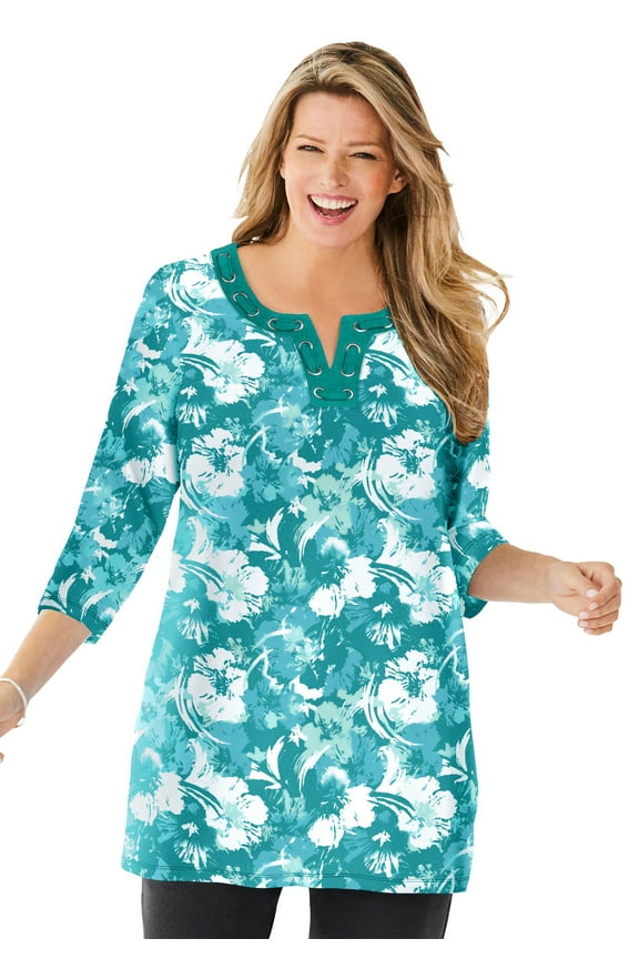 Plus Size 7-Day Three-Quarter Sleeve Grommet Notch Tunic