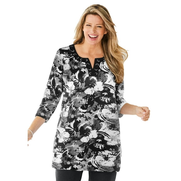 Woman Within Plus Size 7-Day Three-Quarter Sleeve Grommet Notch Tunic