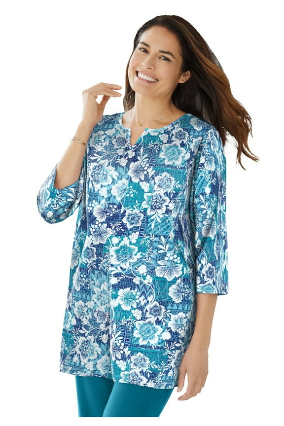 Plus Size 7-Day Three-Quarter Sleeve Notch-Neck Tunic