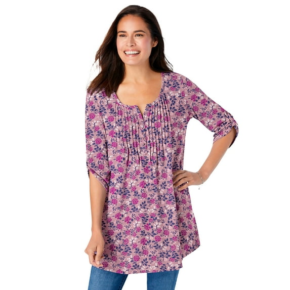 Woman Within Plus Size 7-Day Three-Quarter Sleeve Pintucked Henley Tunic