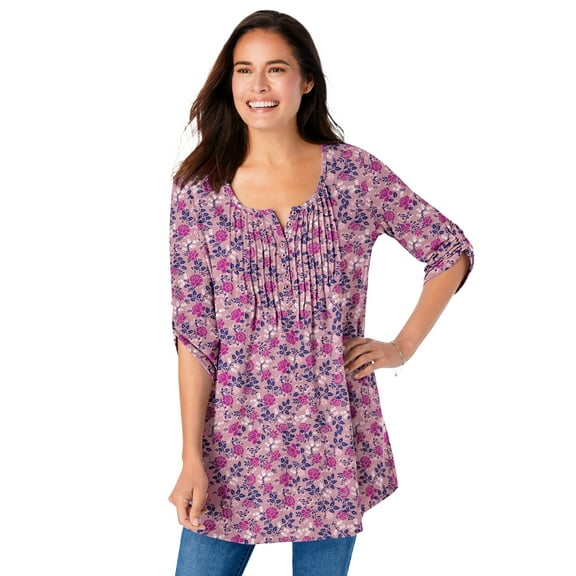 Woman Within Plus Size 7-Day Three-Quarter Sleeve Pintucked Henley Tunic