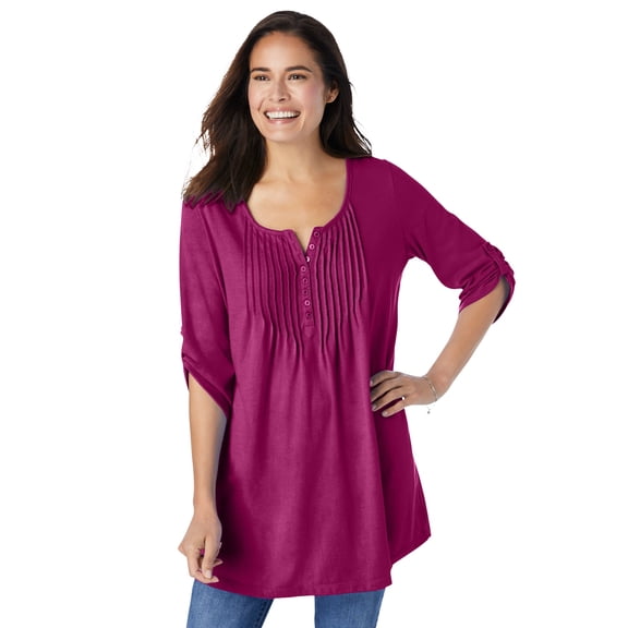 Woman Within Plus Size 7-Day Three-Quarter Sleeve Pintucked Henley Tunic