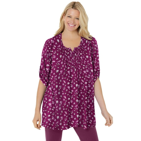 Woman Within Plus Size 7-Day Three-Quarter Sleeve Pintucked Henley Tunic