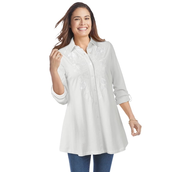 Woman Within Women's Plus Size Button-Front Embroidered Tunic