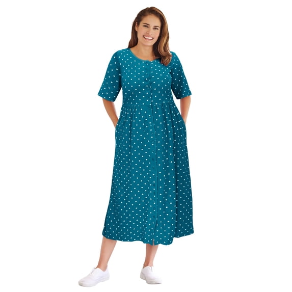 Woman Within Plus Size Button-Front Elbow-Sleeve Knit Dress