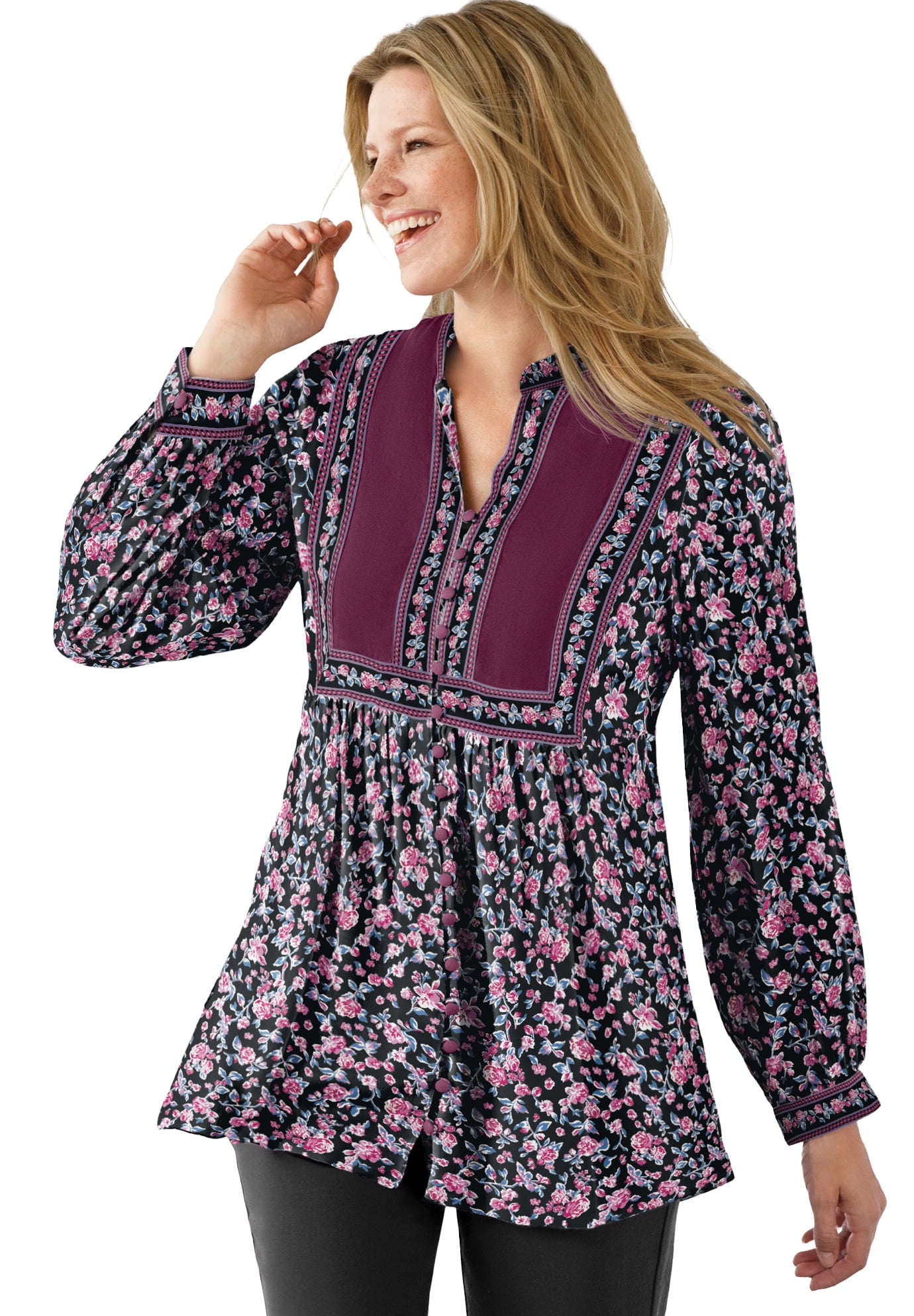 Plus Size Button-Front Mixed Print Tunic