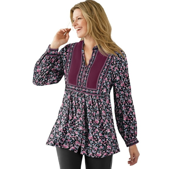 Woman Within Plus Size Button-Front Mixed Print Tunic