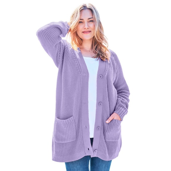 Woman Within Plus Size Button-Front Shaker Cardigan Sweater