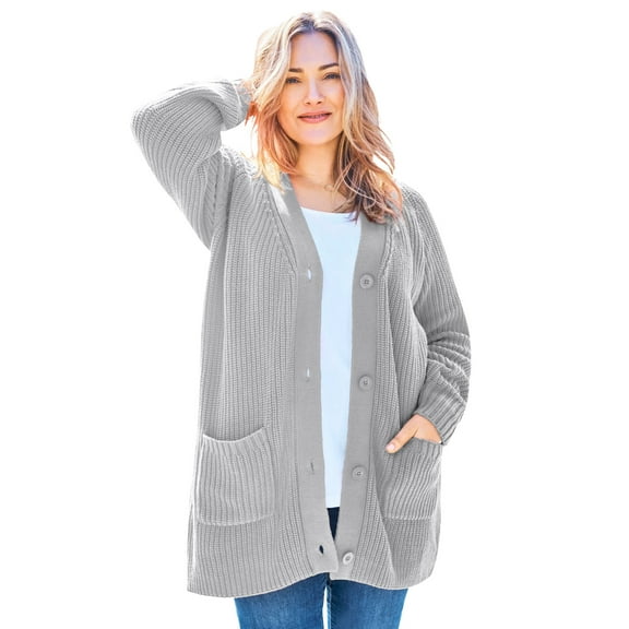 Woman Within Plus Size Button-Front Shaker Cardigan Sweater