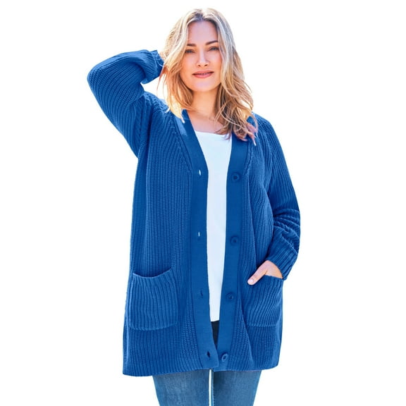 Woman Within Plus Size Button-Front Shaker Cardigan Sweater