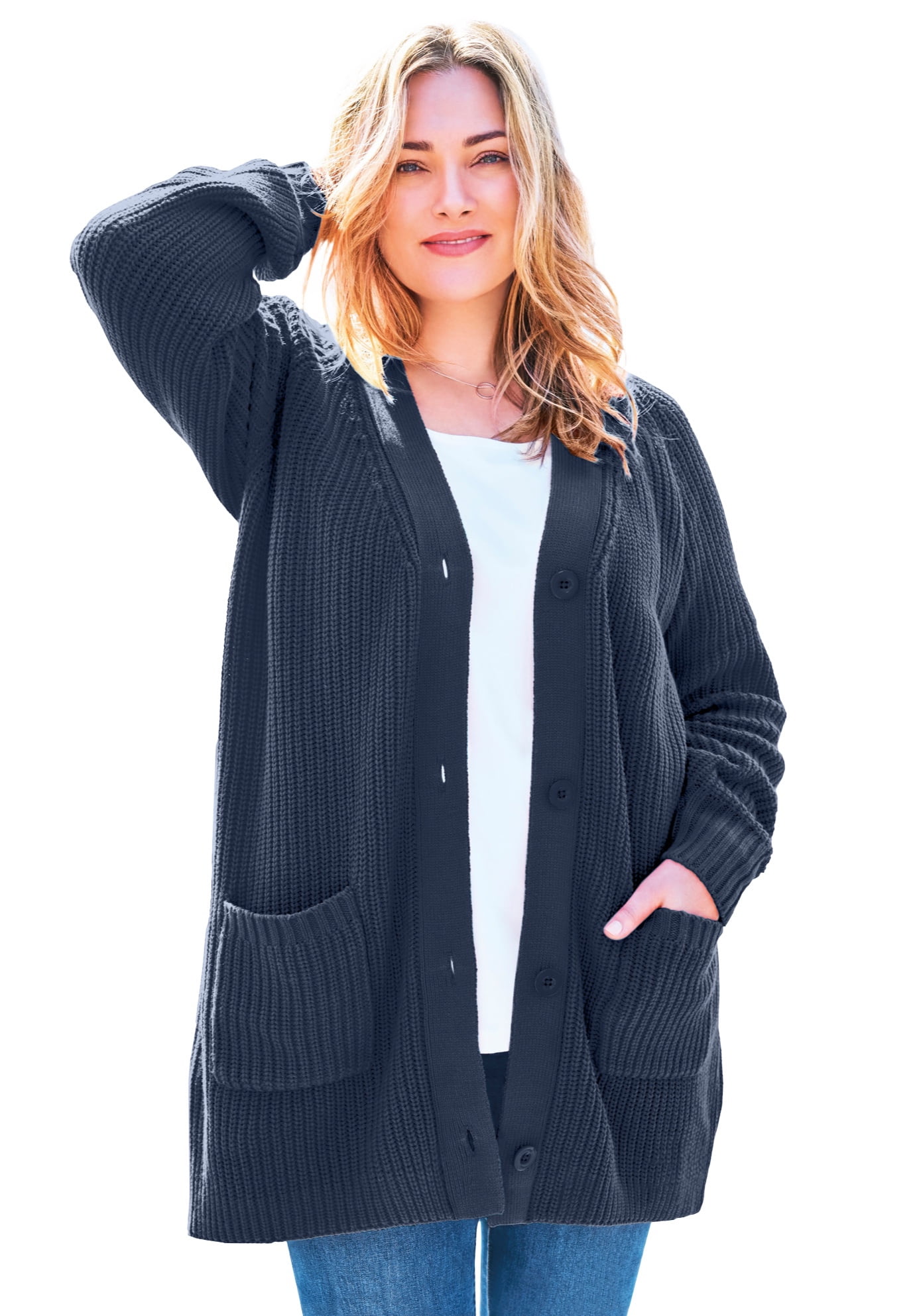 Plus Size Petite Button-Front Shaker Cardigan Sweater