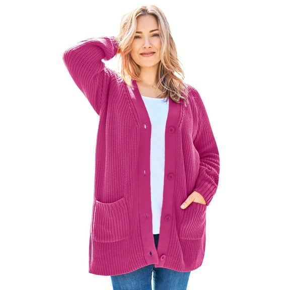 Woman Within Plus Size Button-Front Shaker Cardigan Sweater