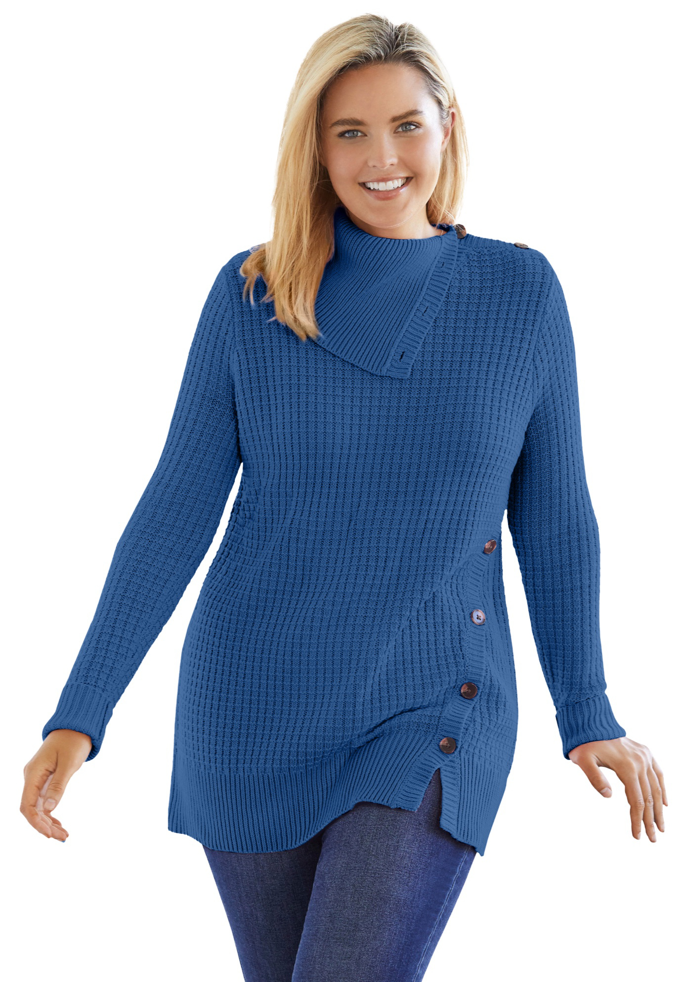 Woman Within Women's Plus Size ButtonNeck Waffle Knit Sweater Pullover