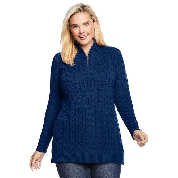 Woman Within Plus Size Cable Knit Half-Zip Pullover Sweater