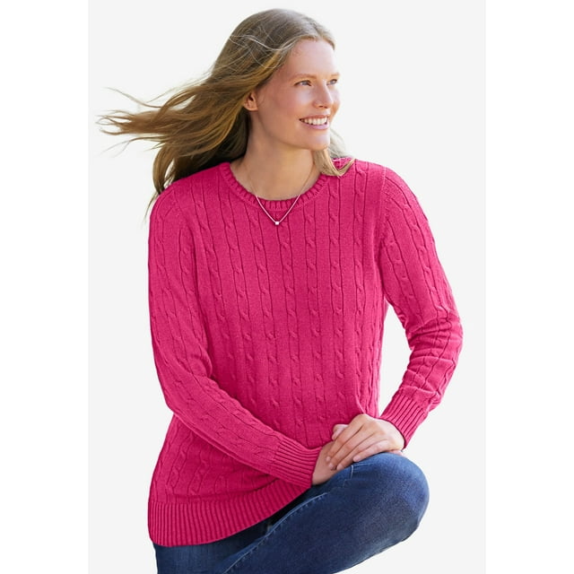 Woman Within Plus Size Cable Knit Pullover Crewneck Sweater