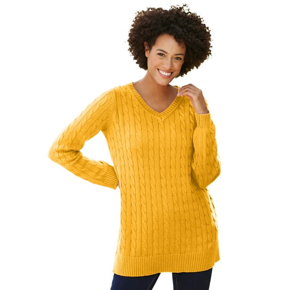 Woman Within Women's Plus Size Cable Knit V-Neck Pullover Sweater