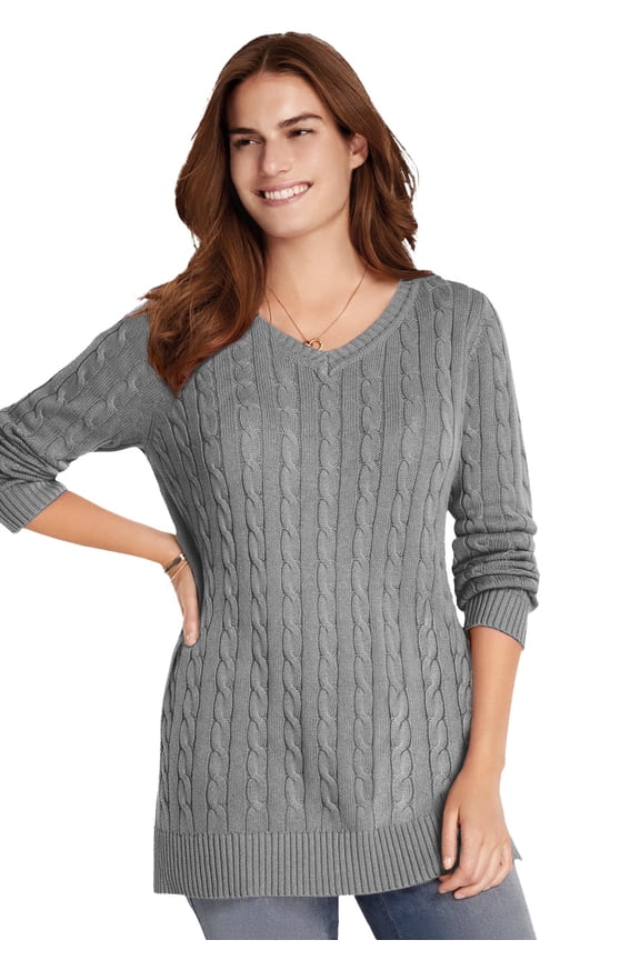 Plus Size Cable Knit V-Neck Pullover Sweater