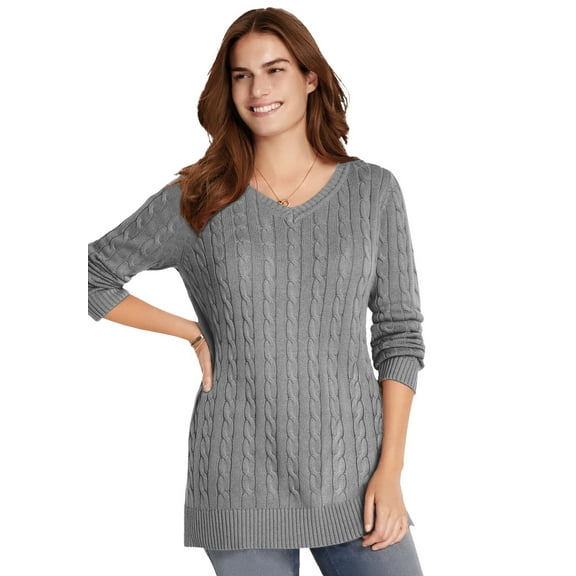 Woman Within Plus Size Cable Knit V-Neck Pullover Sweater