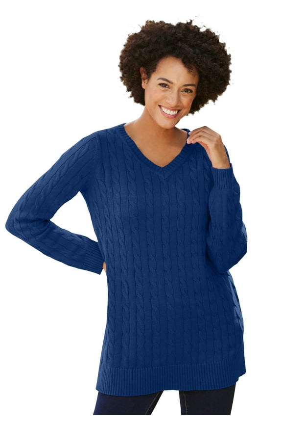 Plus Size Cable Knit V-Neck Pullover Sweater