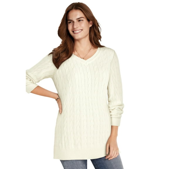 Woman Within Plus Size Cable Knit V-Neck Pullover Sweater