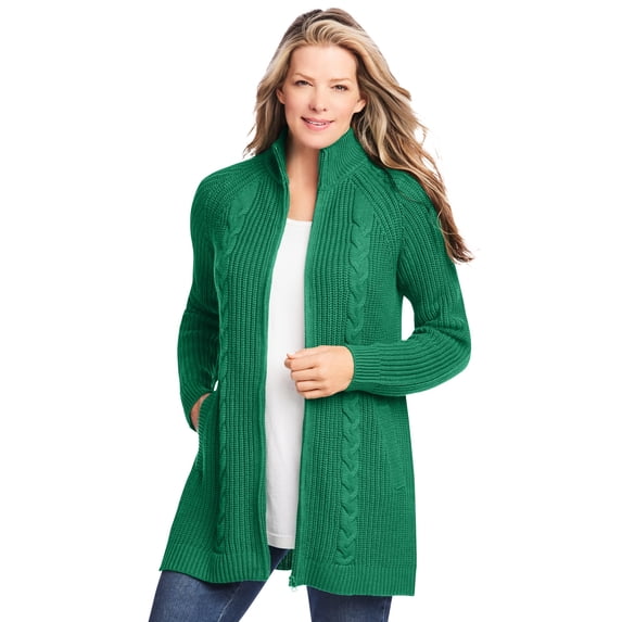 Woman Within Plus Size Cabled Zip-Front Cardigan Sweater