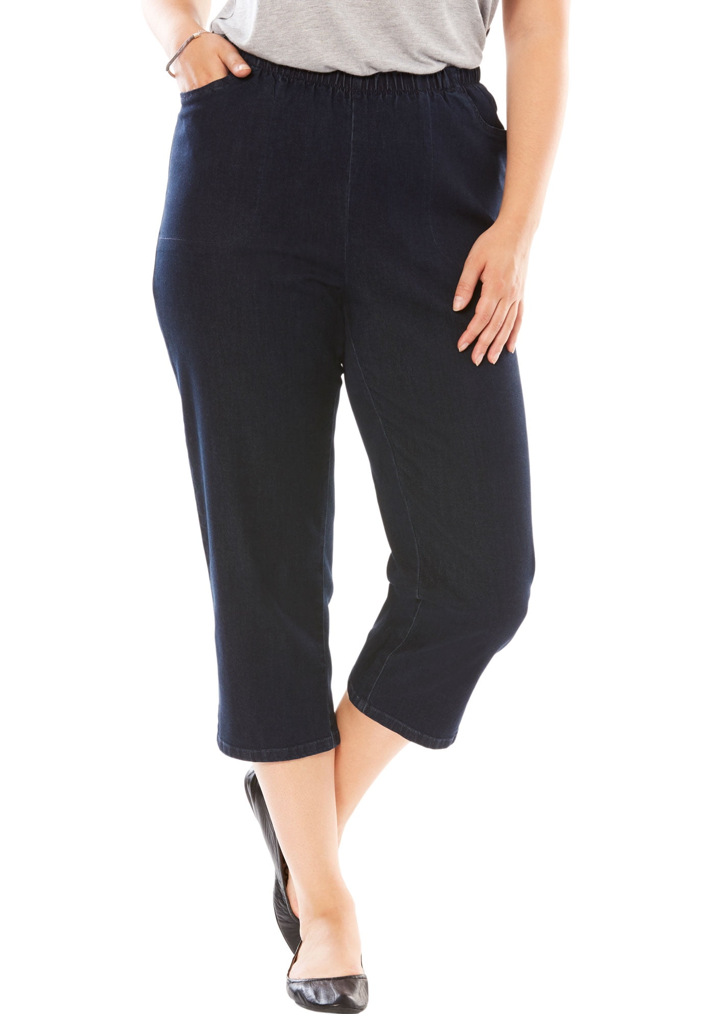 Woman Within Plus Size Capri Elastic Waist Stretch Fineline Denim Jean ...