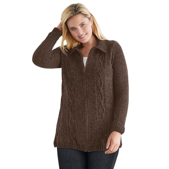 Woman Within Plus Size Chenille Zip Cable Cardigan Sweater
