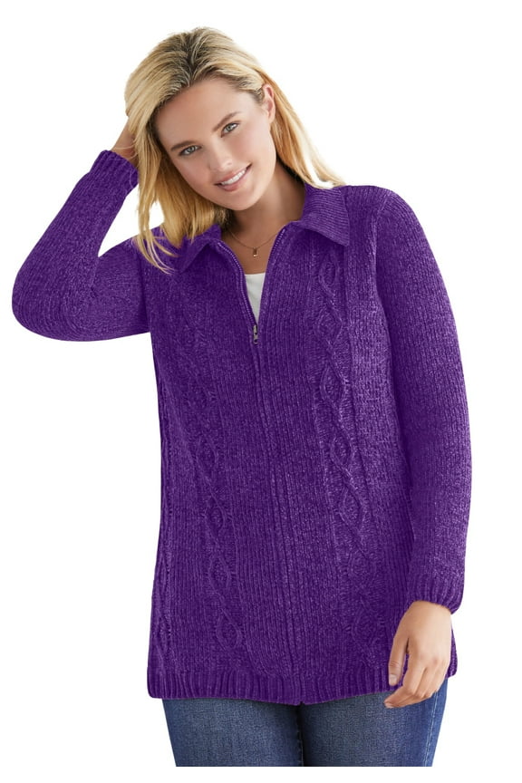 Plus Size Chenille Zip Cable Cardigan Sweater