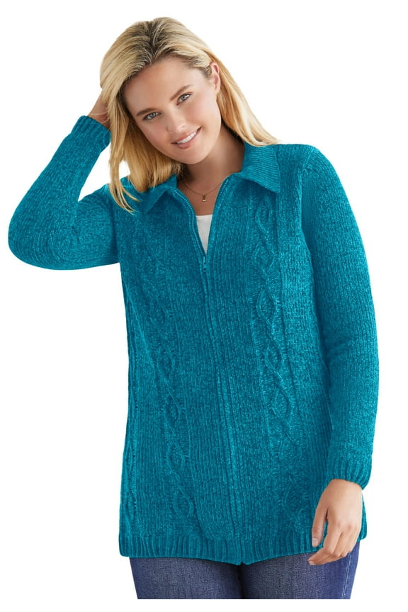 Plus Size Chenille Zip Cable Cardigan Sweater