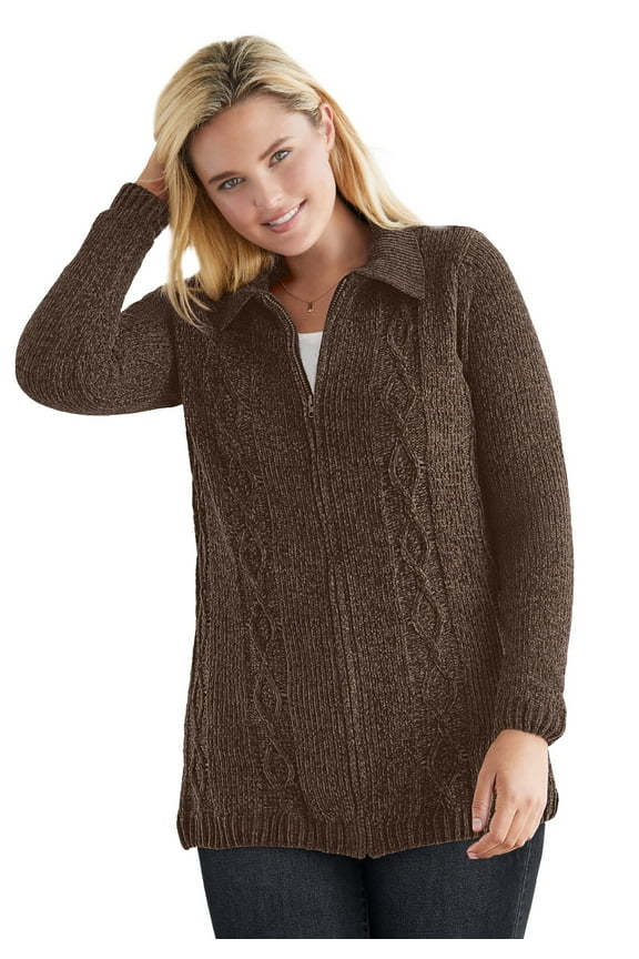 Plus Size Chenille Zip Cable Cardigan Sweater