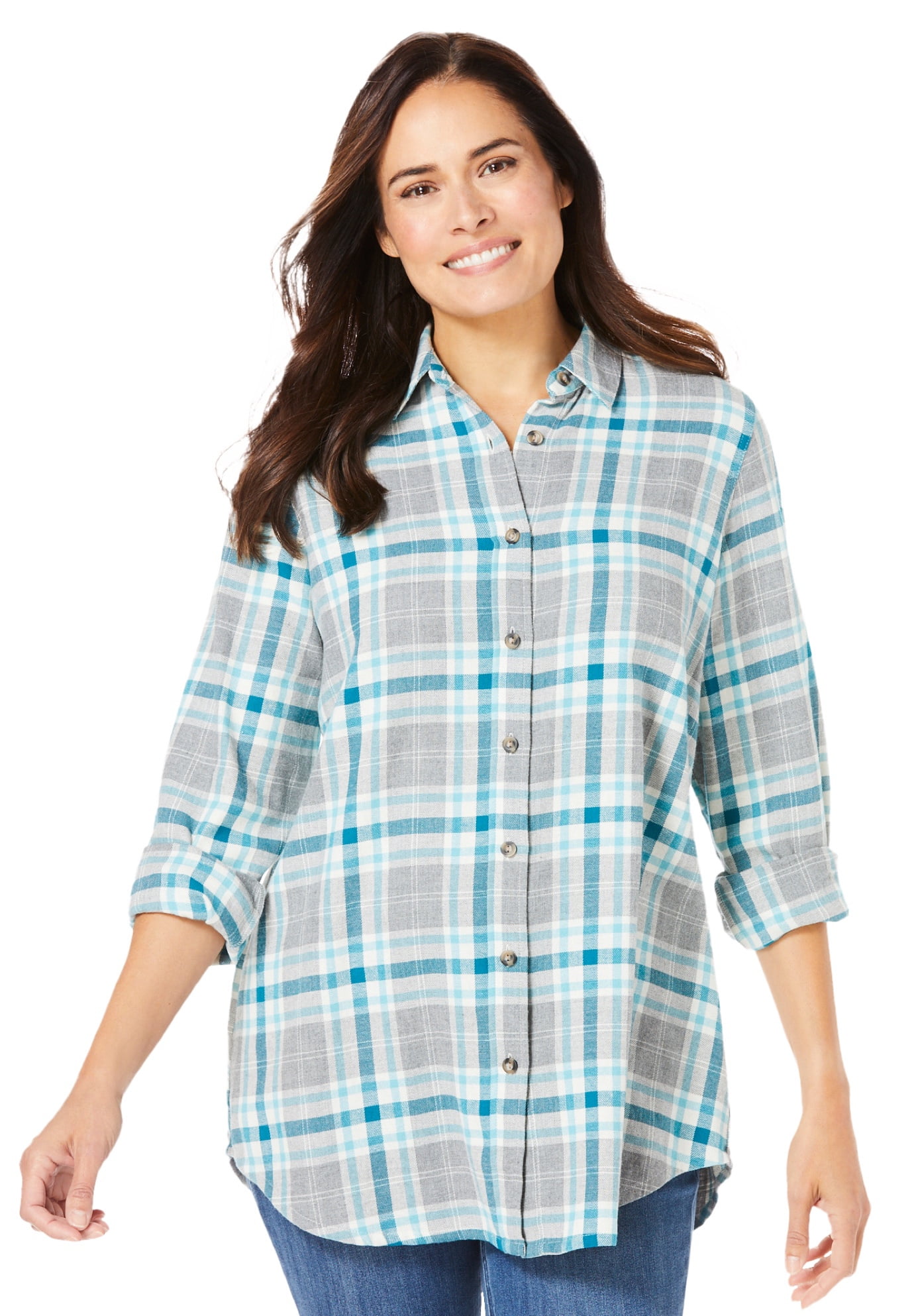 Woman Within Women's Plus Size Classic Flannel Shirt Shirt