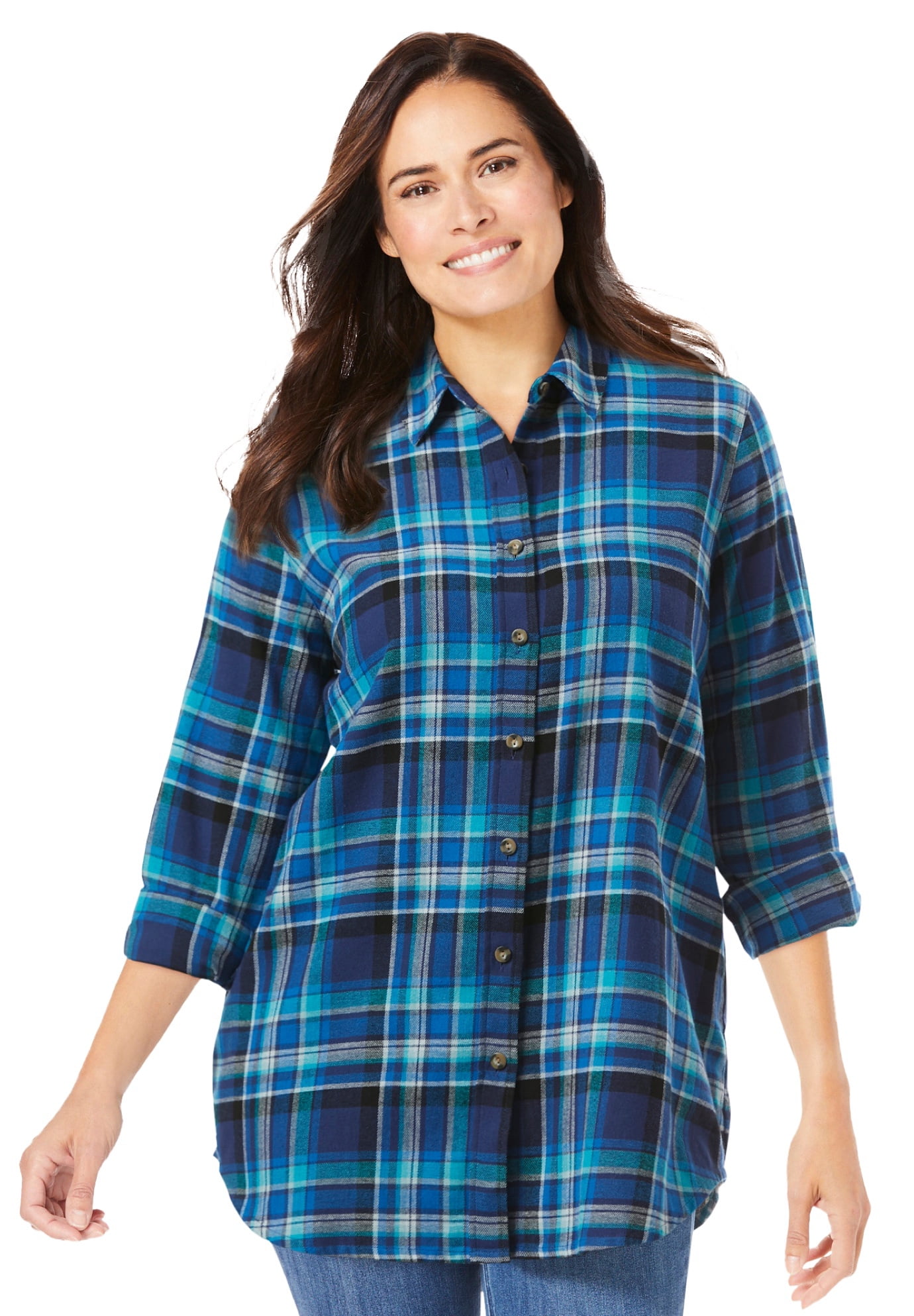 Woman Within Women's Plus Size Classic Flannel Shirt Shirt 