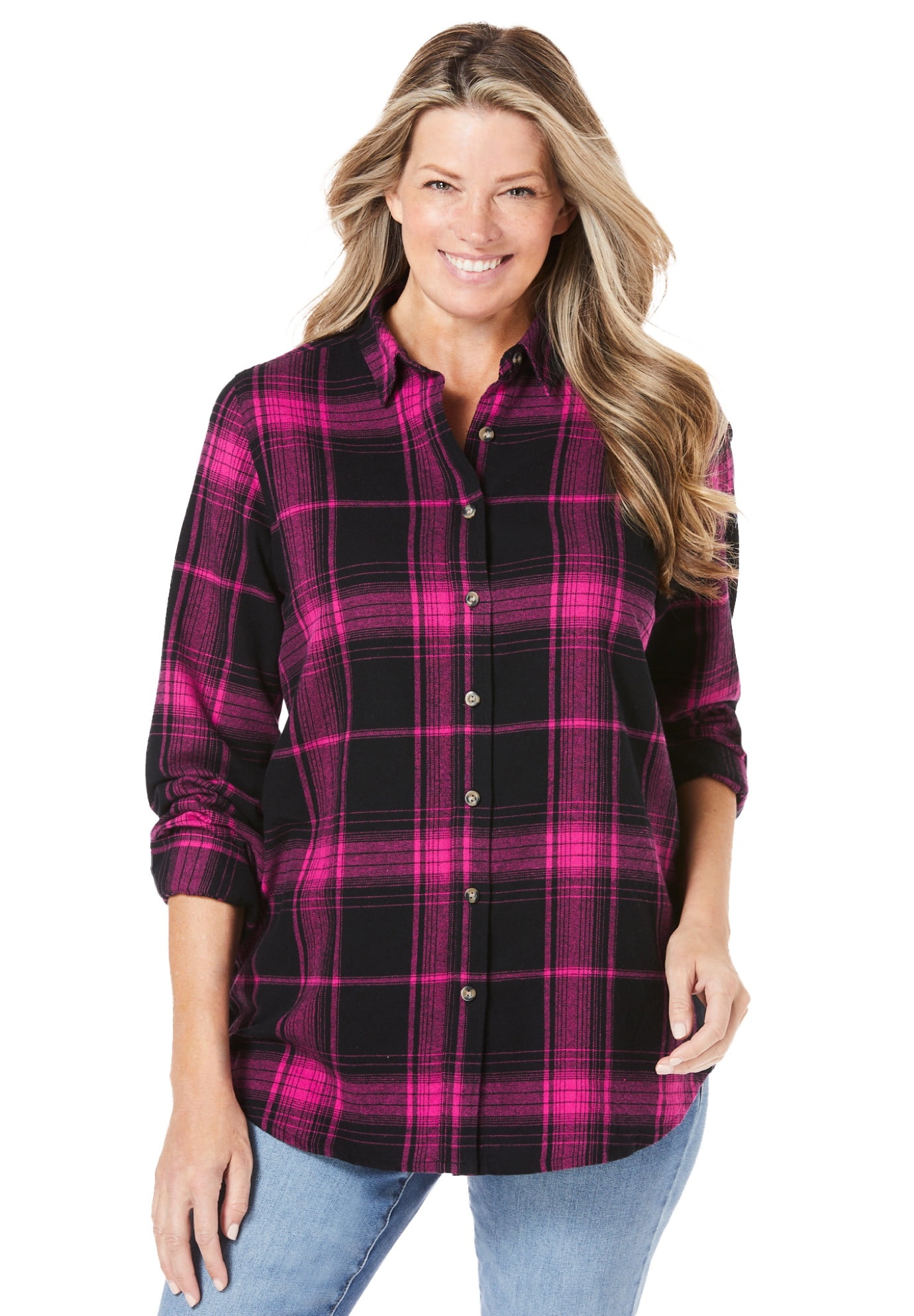 Woman Within Women's Plus Size Tunic Long Classic Flannel Shirt — free download
